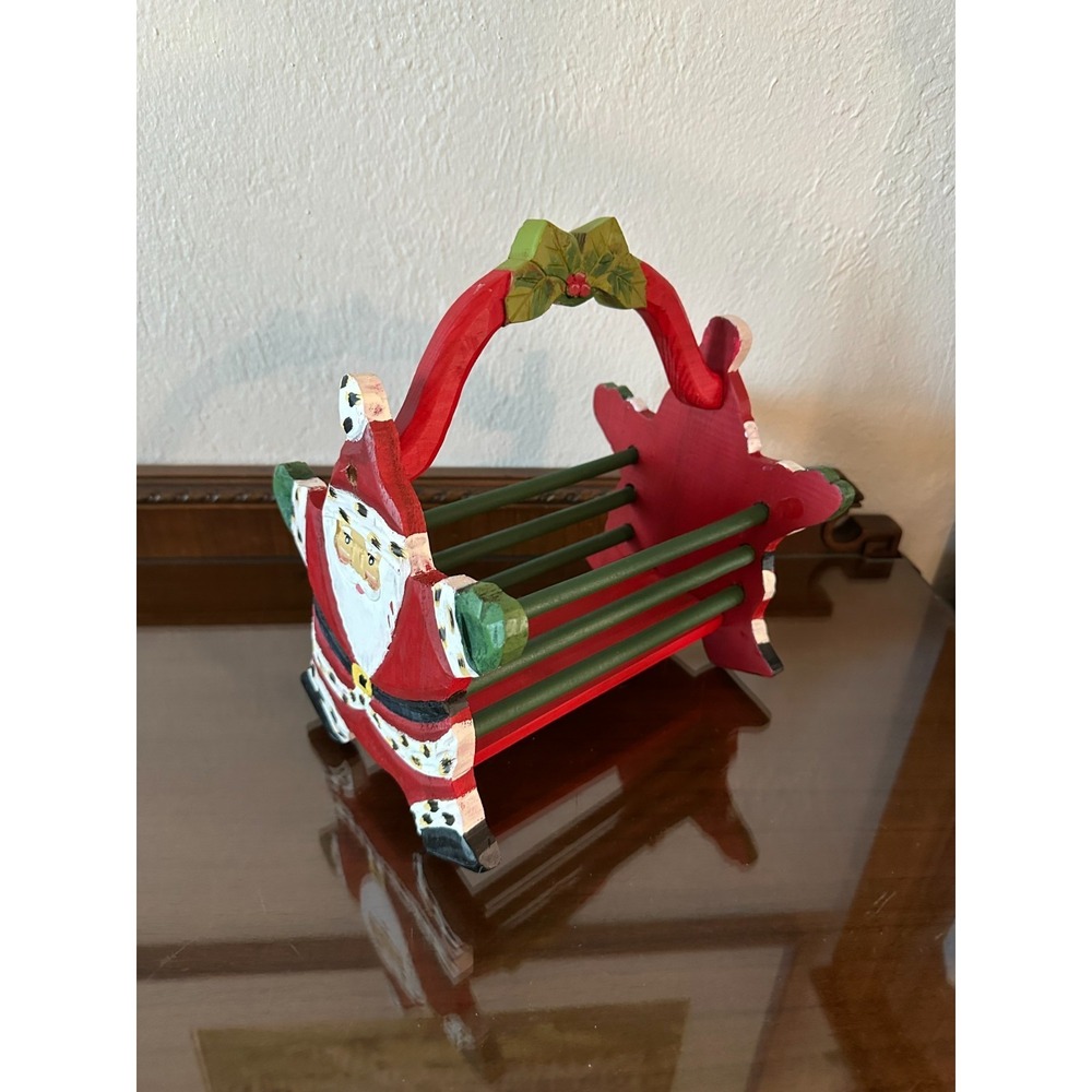 Santa Claus Wooden Spindle Star Basket Christmas Folk Art Handle‎ Carved Painted